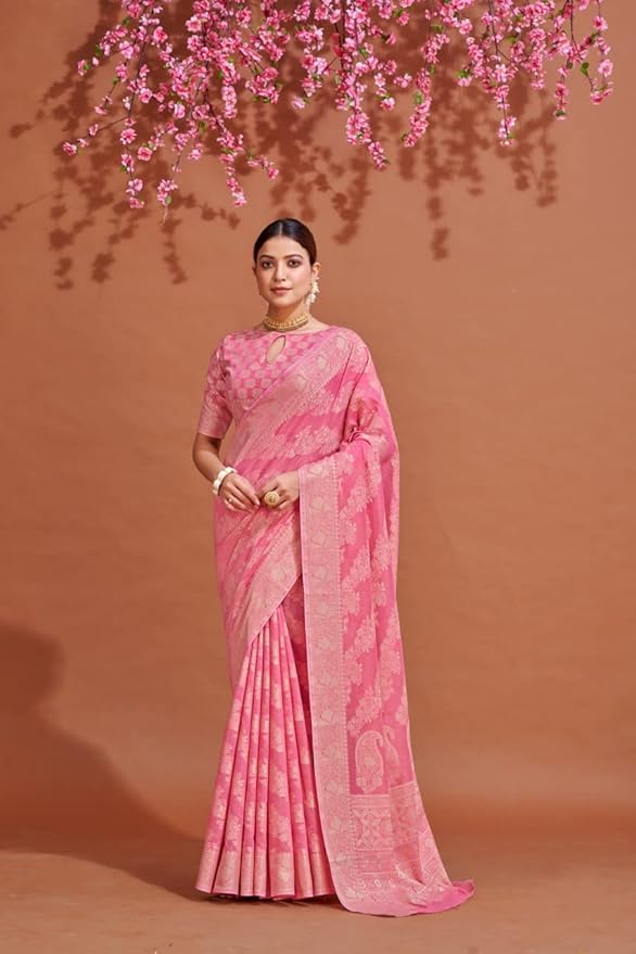 SWORNOF Women's Lucknowi Chikankari Linen cotton Woven Sarees For Women with Blouse sarees for Women