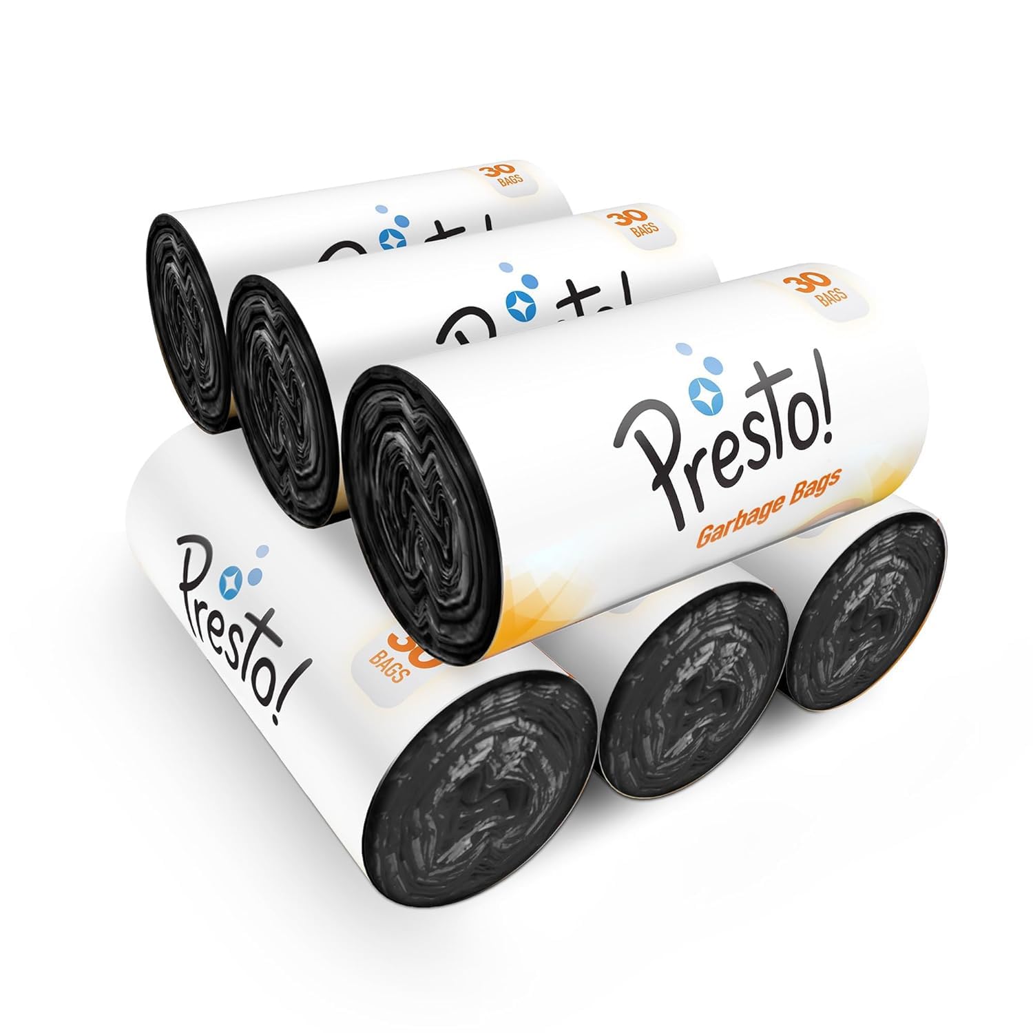 Amazon Brand - Presto! Garbage Bags | Medium | 180 Count | 30 Bags X 6 Rolls | 19 X 21 Inches | For Dry & Wet Waste | Black